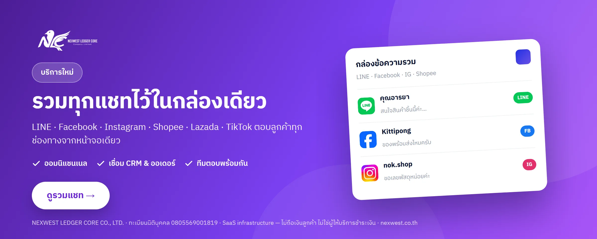 NEXWEST Omnichannel Chat — LINE, Facebook, Instagram, Shopee, Lazada and TikTok in one inbox.